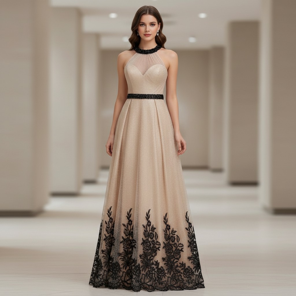 Beiges Abendkleid mit schwarzer Spitze und Glitzer elegant Genevieve Modell