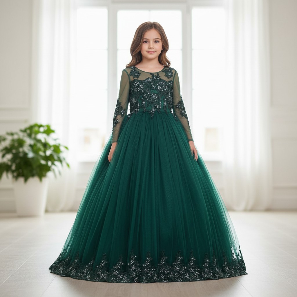 Festliches Kinderkleid Glanz Nayla grün mit voluminösem Tüllrock und Spitze