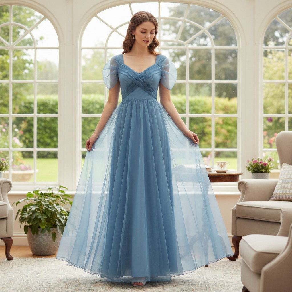Blaues Abendkleid mit Tüll und Puffärmeln lang elegant Runa Modell