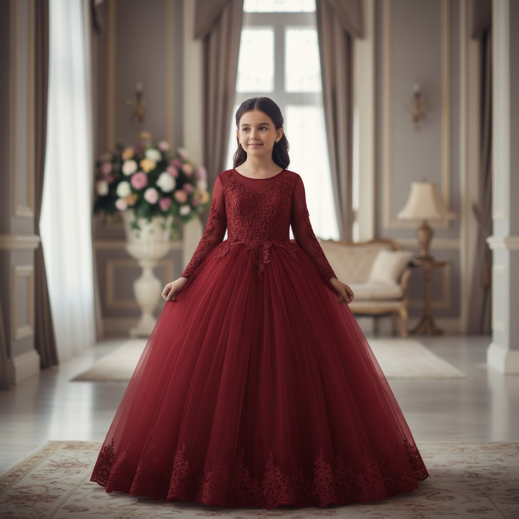 Festliches Kinderkleid Glanz Nayla in Rot mit voluminösem Tüllrock und Spitze