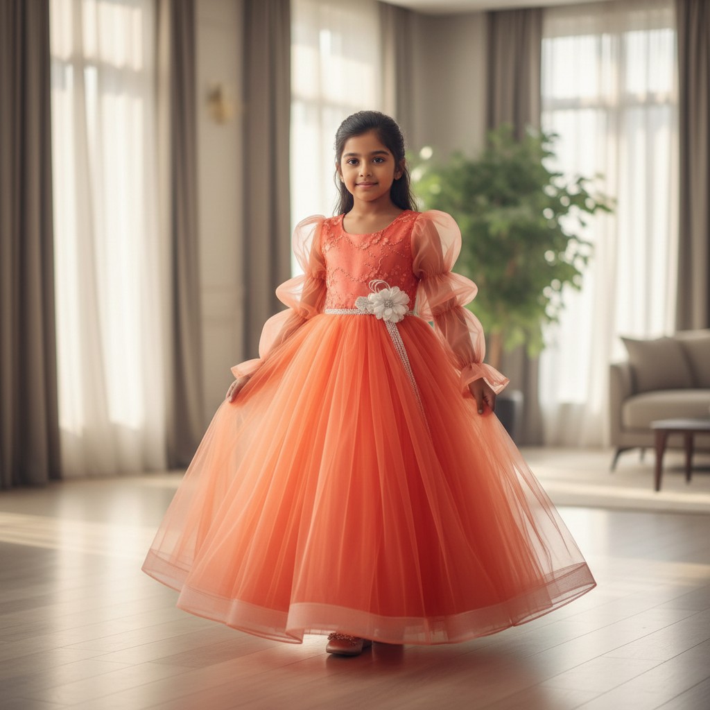 Elegantes Mädchen Festkleid Diamond Princess in Koralle mit voluminösem Tüllrock