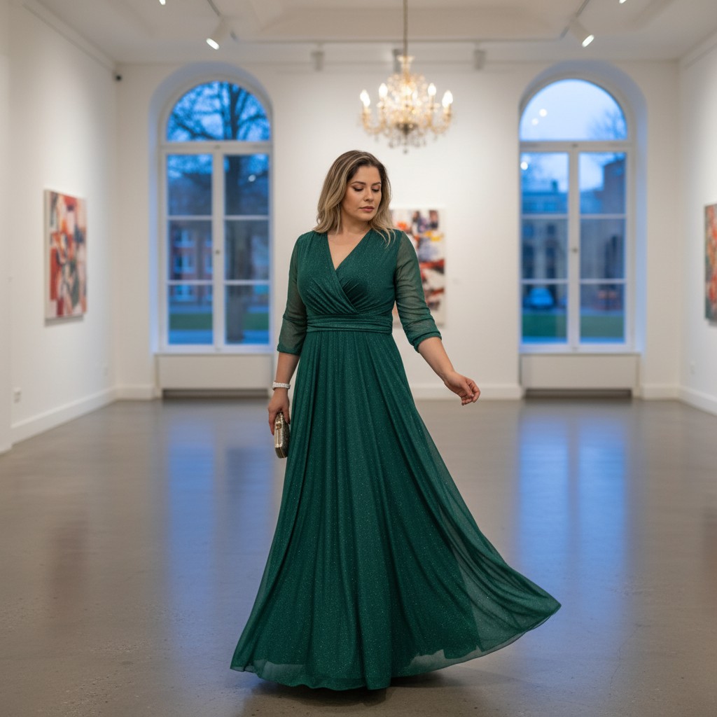 Grünes Abendkleid mit Wickeloptik und Ärmeln elegant Davina Modell