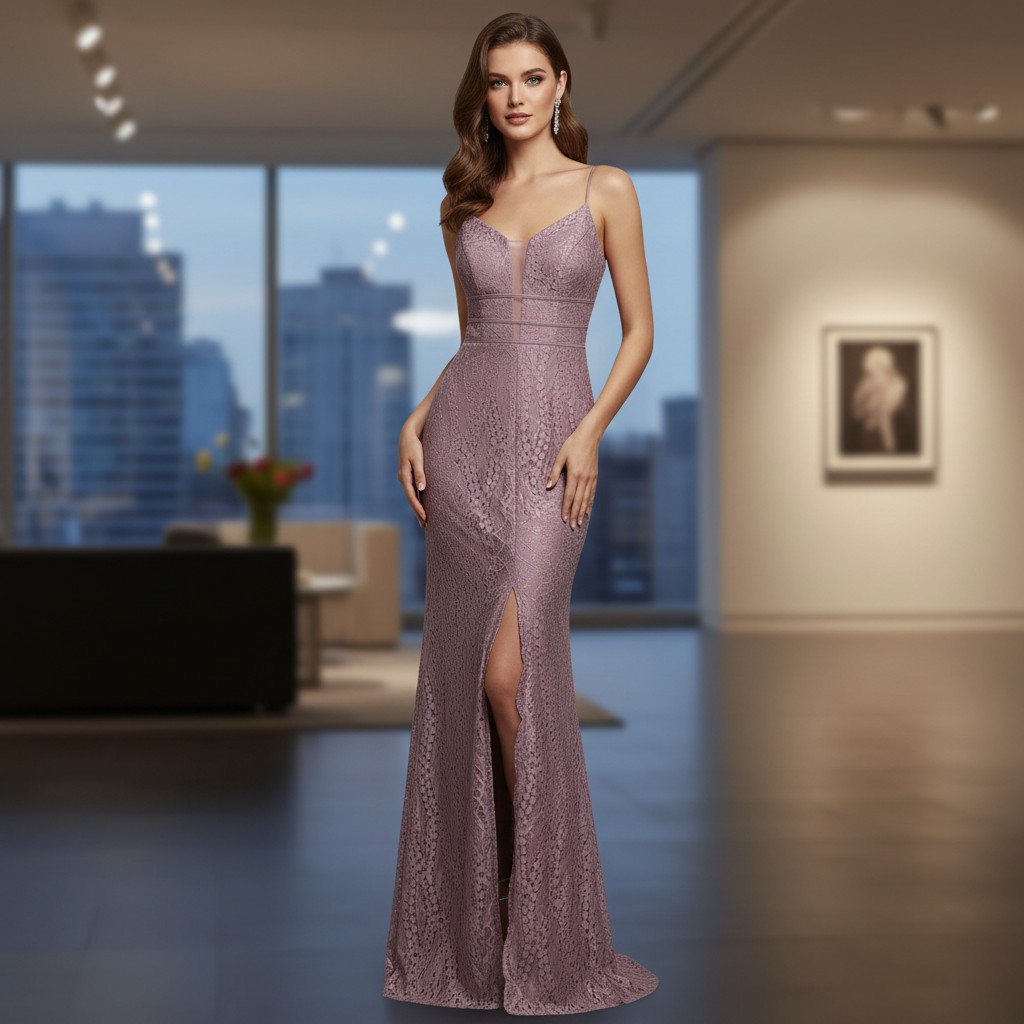 Kira Abendkleid altrosa eng mit Spitze und Schlitz