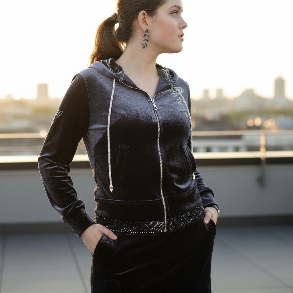 Zweiteiliges Velours-Set mit Hoodie und Rock – sportlich, feminin und perfekt für stylische Alltagslooks.