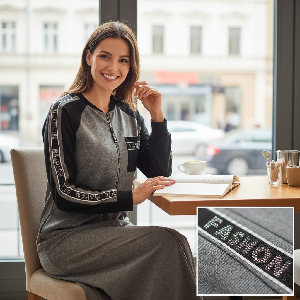 Modernes Maxi Kleid im sportlich-eleganten Stil mit Reißverschluss – bequem, stilvoll und perfekt für jeden Tag.