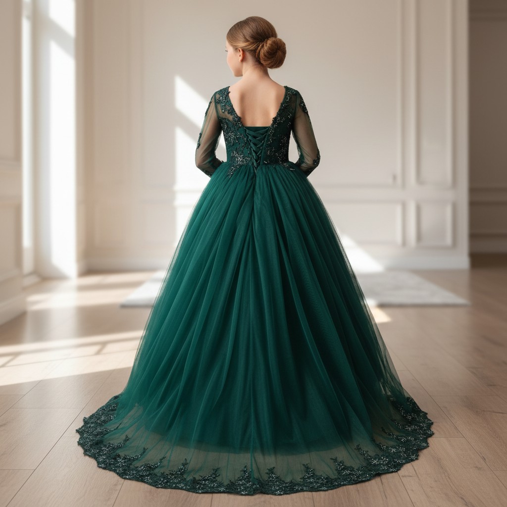 Festliches Kinderkleid Glanz Nayla grün mit voluminösem Tüllrock und Spitze