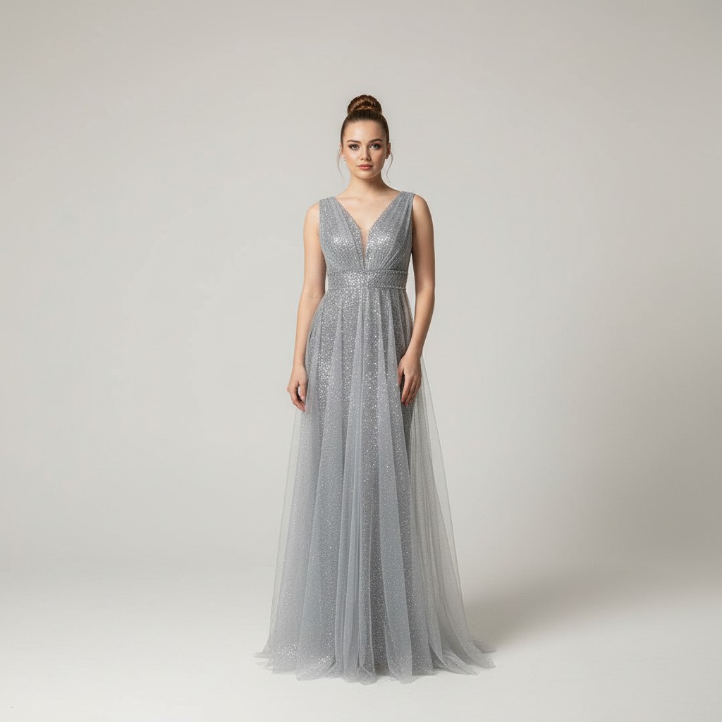 Silbergraues Abendkleid mit Glitzer und Tüll lang elegant Eira Modell