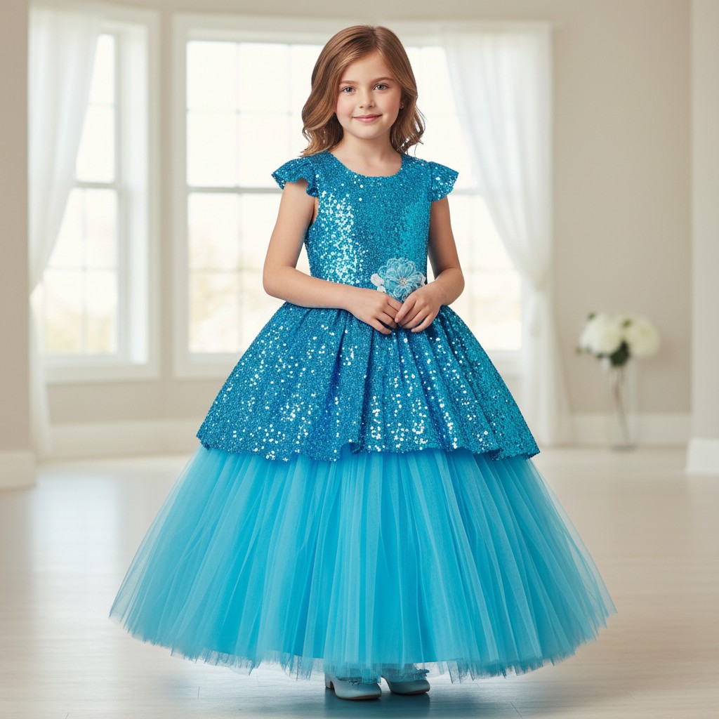 Türkisfarbenes Kinderkleid Princess Deluxe mit Paillettenoberteil und Tüllrock für festliche Anlässe