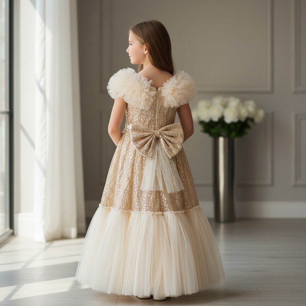 Elegantes Mädchen Festkleid Royal Glamour in Champagne mit funkelndem Oberteil