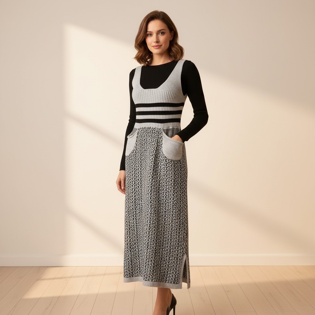 Modernes Strickkleid im Layering-Style – bequem, stilvoll und perfekt für den Alltag.