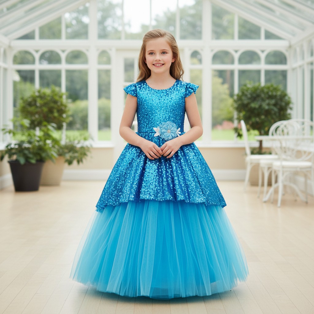 Türkisfarbenes Kinderkleid Princess Deluxe mit Paillettenoberteil und Tüllrock für festliche Anlässe