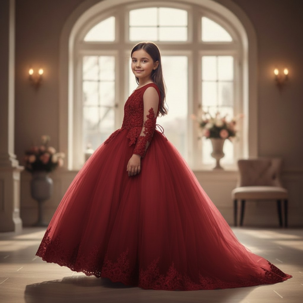 Rotes Kinderkleid Glanz Nayla mit Spitzenoberteil und langem Tüllrock