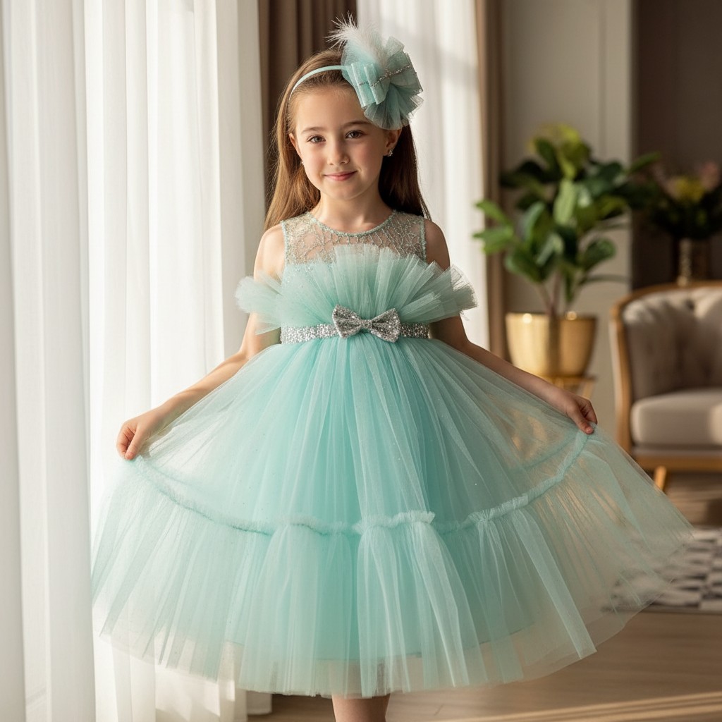 Elegantes Mädchen Festkleid Royal Star in Mintgrün mit mehrlagigem Tüllrock