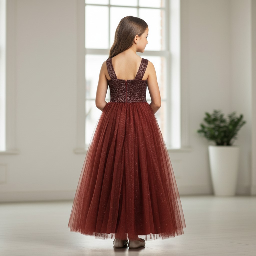 Bordeauxfarbenes Kinderkleid Magic Princess mit glitzerndem Oberteil und Tüllrock