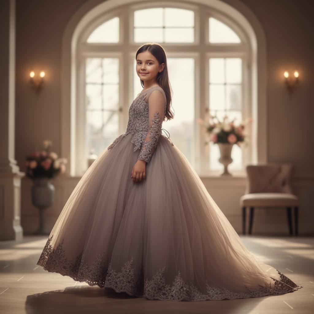 Elegantes Mädchen Festkleid Glanz Nayla in Lila mit transparenten Ärmeln