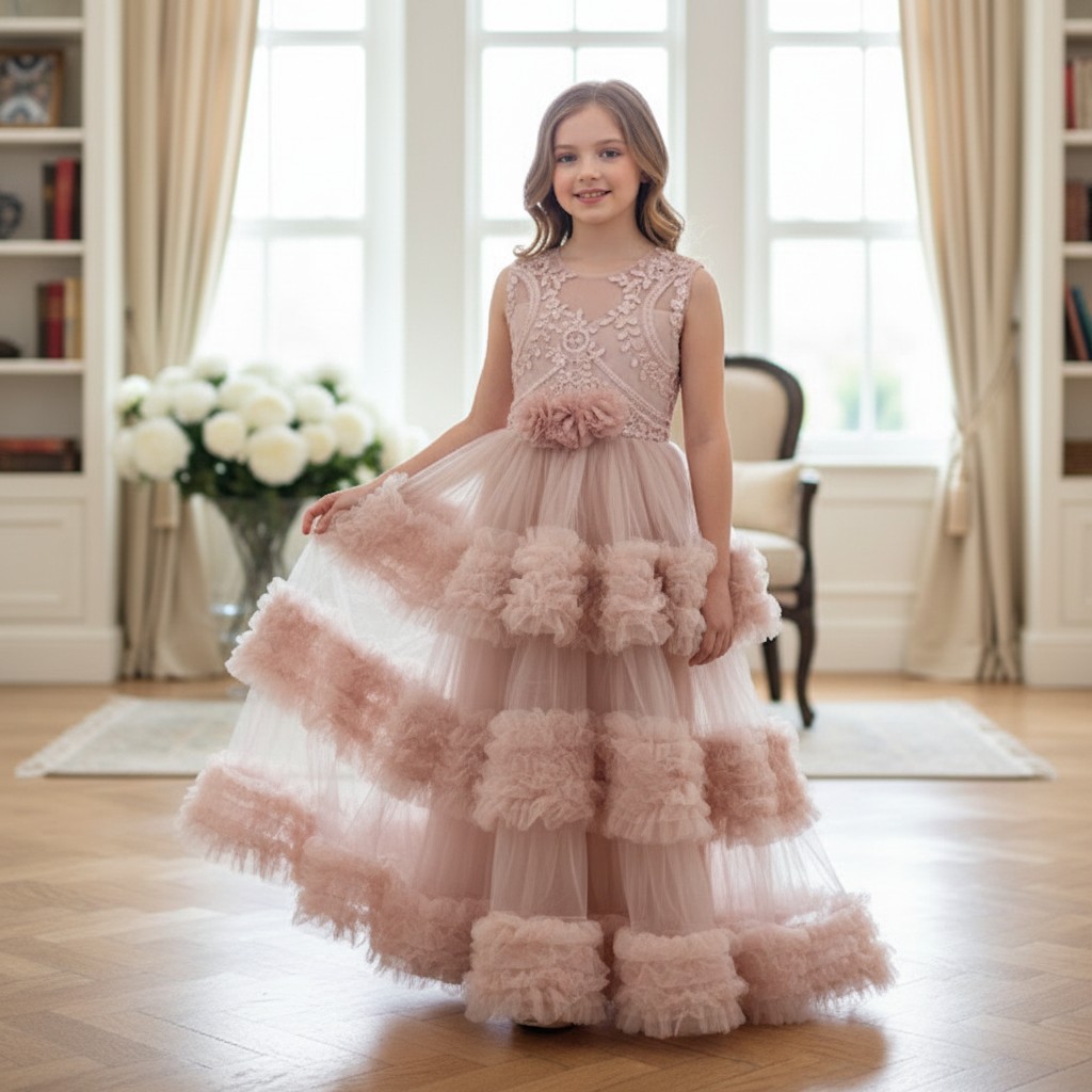 Festliches Kinderkleid Star Dream rosé mit Rüschen und Spitze für besondere Anlässe