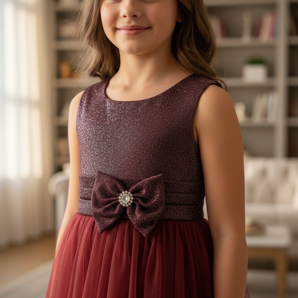 Bordeauxfarbenes Kinderkleid Magic Princess mit glitzerndem Oberteil und Tüllrock