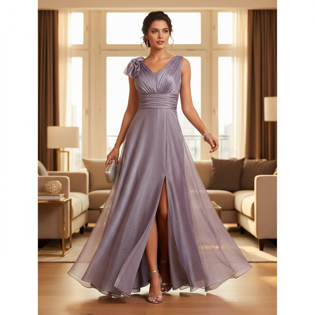 Lila Abendkleid lang mit Schleife elegant fließend Vela Modell