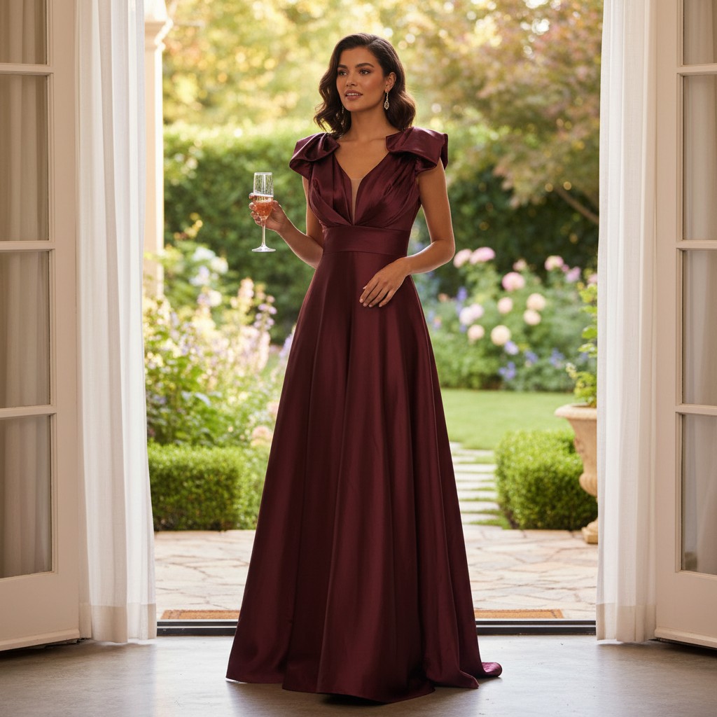 Bordeaux Abendkleid mit tiefem V-Ausschnitt elegant fließend Pilar Modell