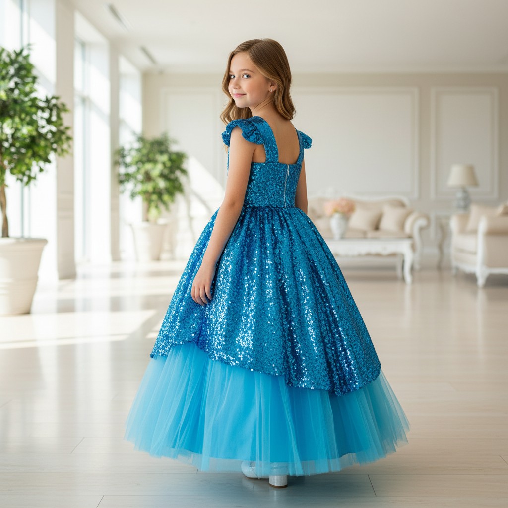 Türkisfarbenes Kinderkleid Princess Deluxe mit Paillettenoberteil und Tüllrock für festliche Anlässe
