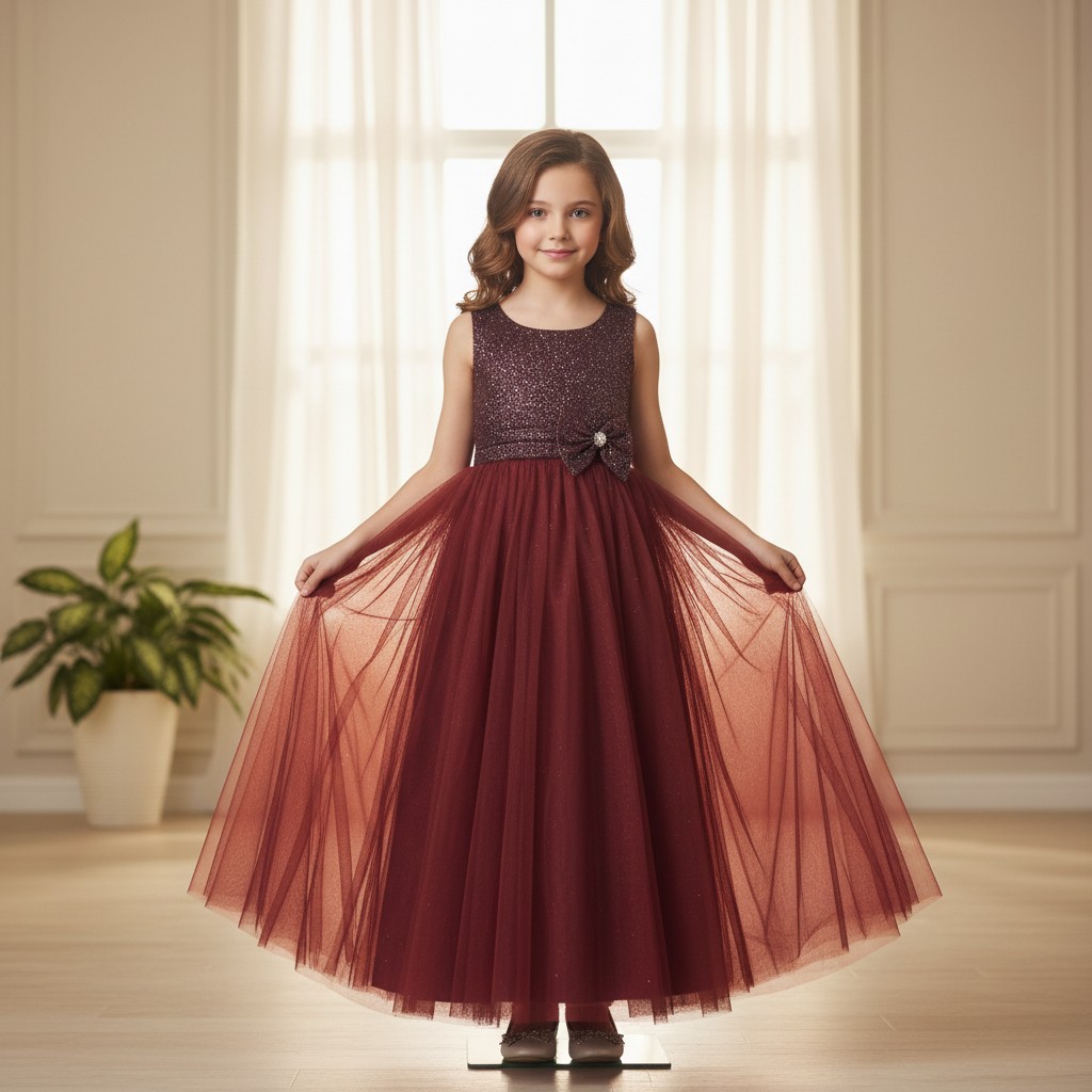 Bordeauxfarbenes Kinderkleid Magic Princess mit glitzerndem Oberteil und Tüllrock