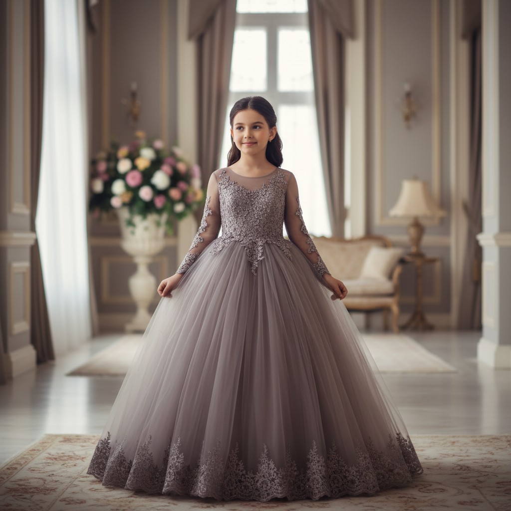 Festliches Kinderkleid Glanz Nayla lila mit Spitze und voluminösem Tüllrock