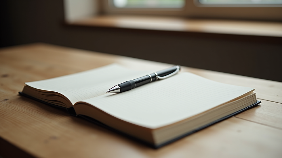 close-up view of a journal and pen on a wooden table