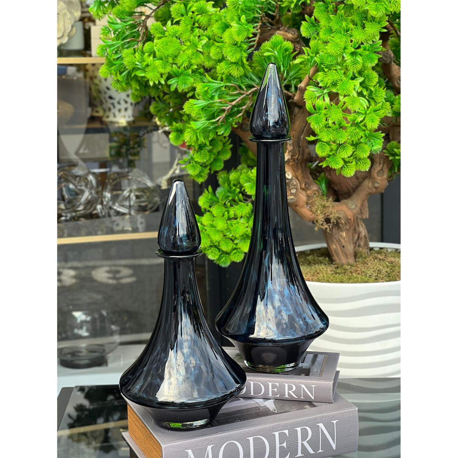 2'li İthal Mavi Leopar Triora Cam Vazo Set