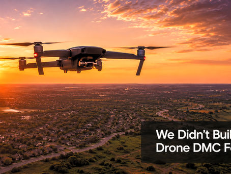 Golden hour aerial drone photograph over Texas suburban landscape at sunset with warm amber and purple tones — Drone DMC origin story blog post banner