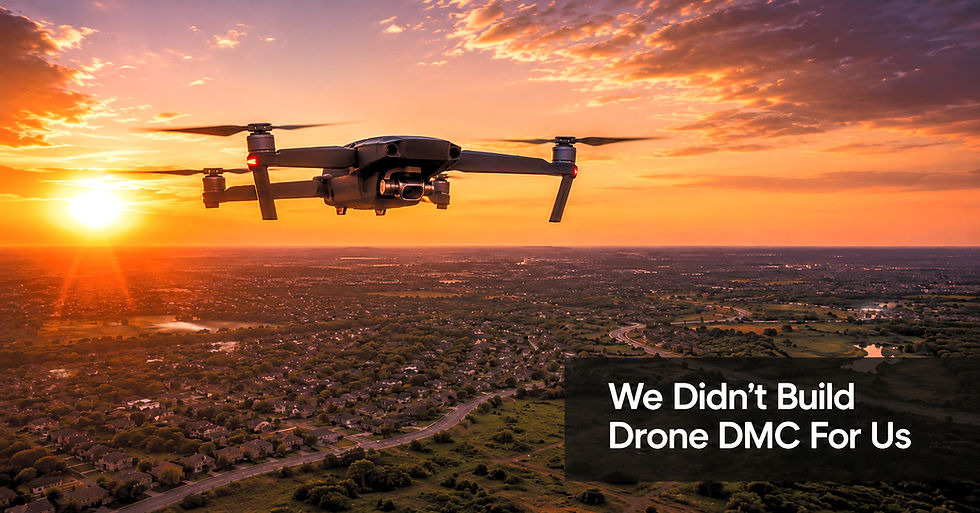 Golden hour aerial drone photograph over Texas suburban landscape at sunset with warm amber and purple tones — Drone DMC origin story blog post banner