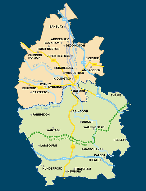A map of Oxford & Shires Council area and the Ridgeway Council area, both described in the website text, and