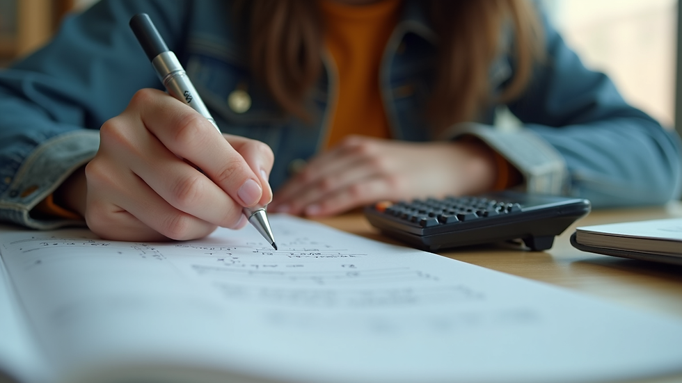Eye-level view of a student studying maths with a notebook and calculator