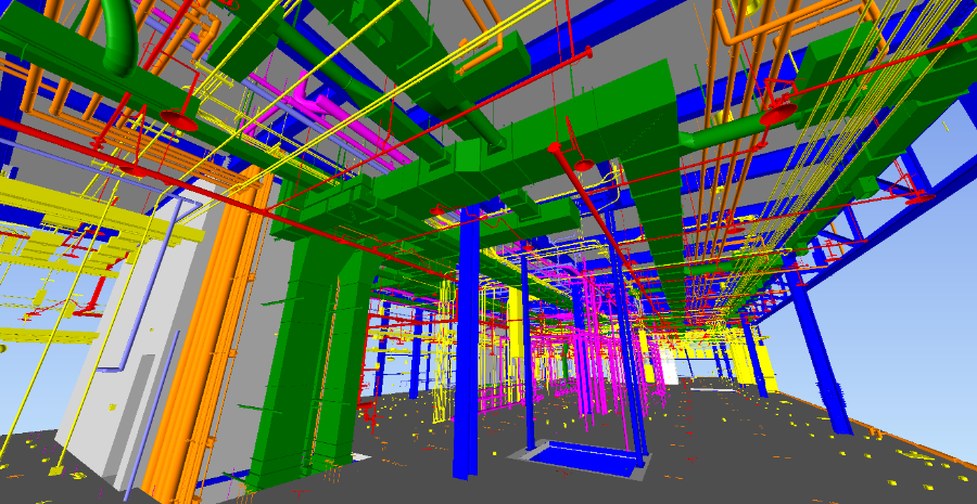 Wide landscape BIM coordination model with colorful MEP and structural elements