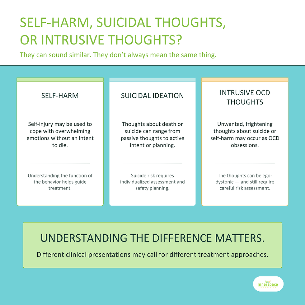 Not every thought about suicide means the same thing. Understanding the differences between self-harm, suicidal ideation, and intrusive OCD thoughts can help parents ask better questions and connect their child with the right support.