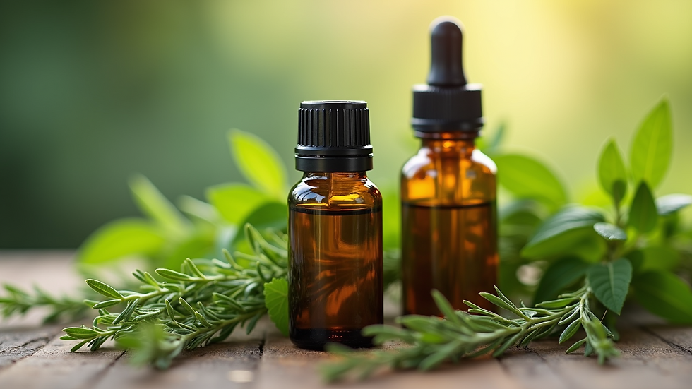 Close-up view of essential oils bottles with fresh herbs