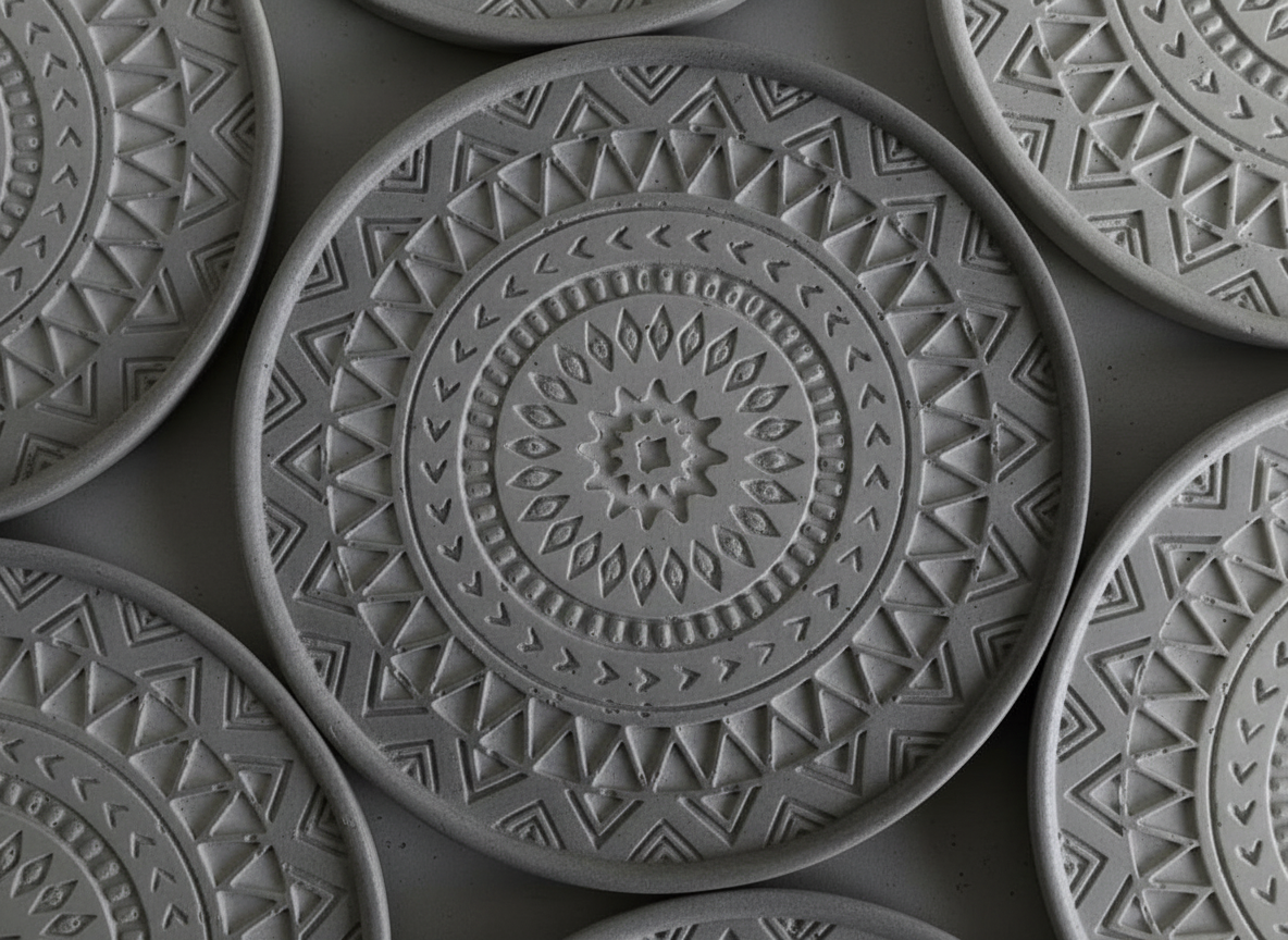 Tribal Embossed Cement Coaster / Tray | Handmade Textured Decor