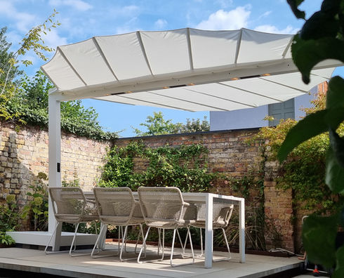 Multi-functional outdoor shade with integrated heating, lighting, and misting