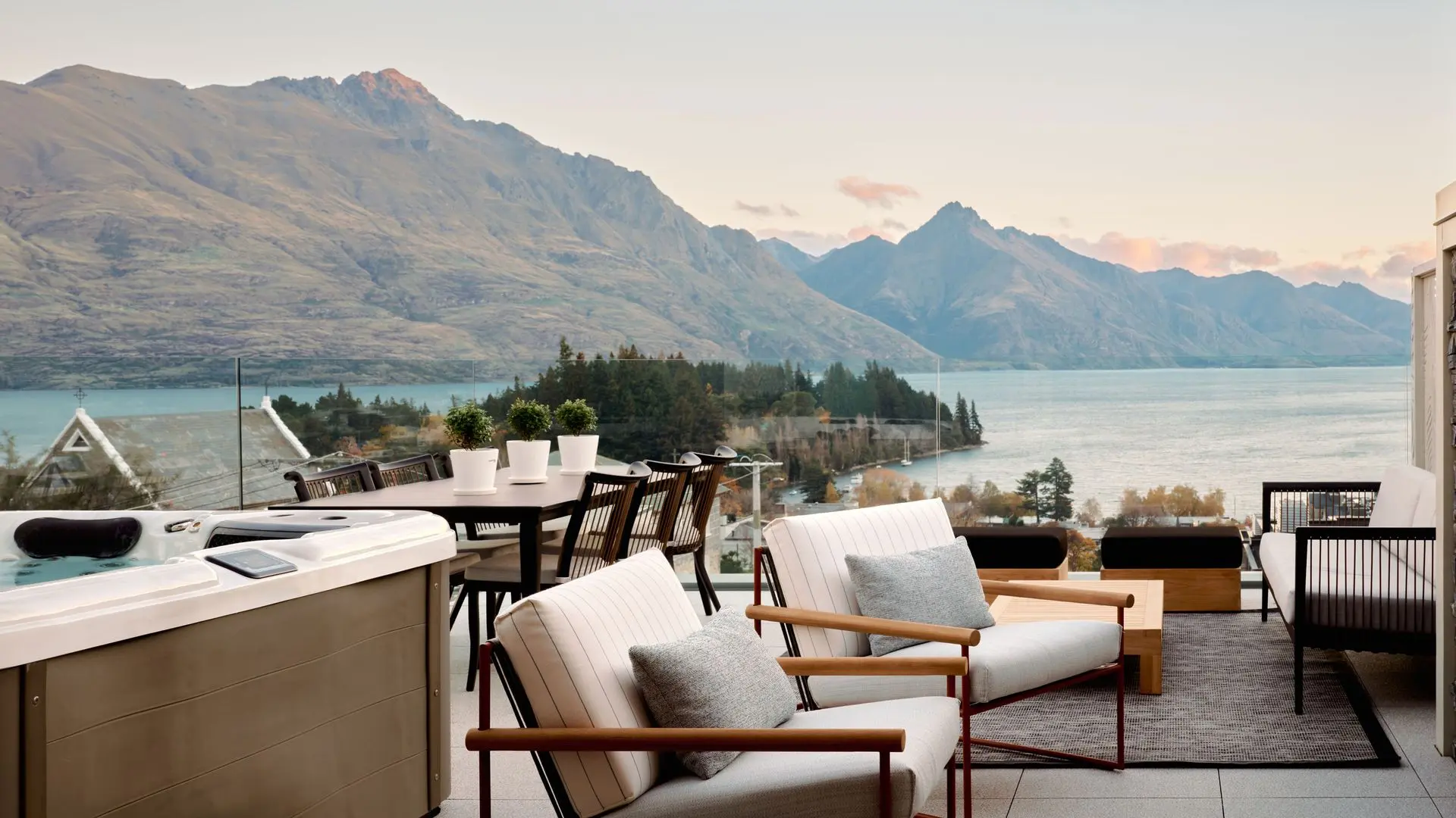 Pipe armchairs weatherproof outdoor furniture overlooking lake Whakatipu in Queenstown