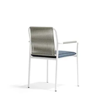 Studio product shot of AIR Dining Armchair with hand-woven rope backrest and aluminium frame.