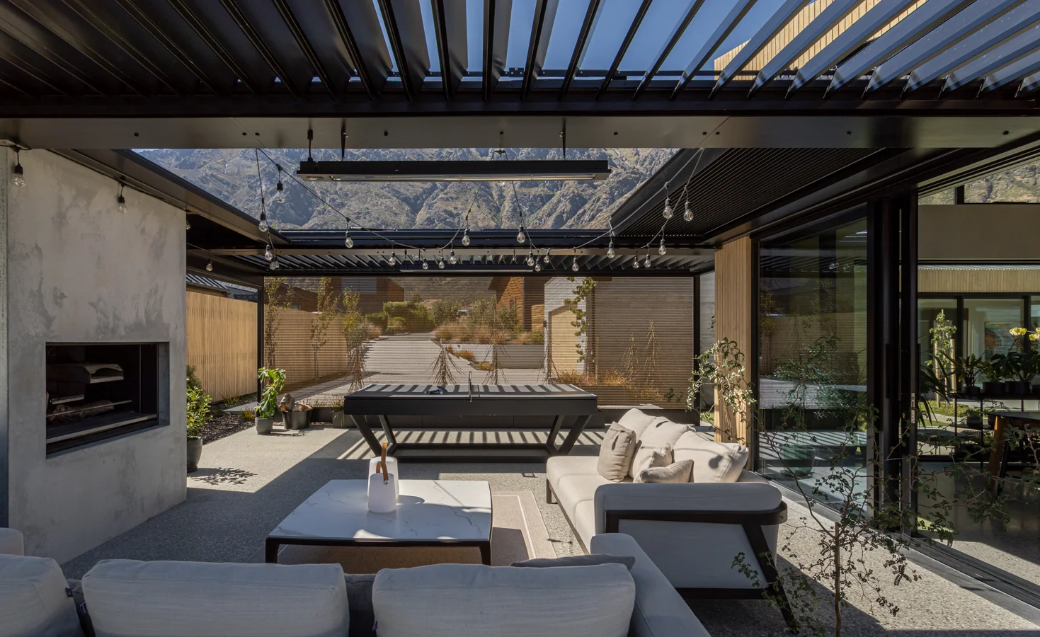 Weatherproof outdoor furniture in residential courtyard in Queenstown