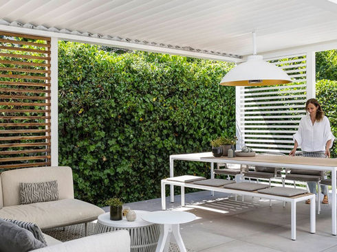 Designer outdoor heater with halogen lighting and dual-zone heat control