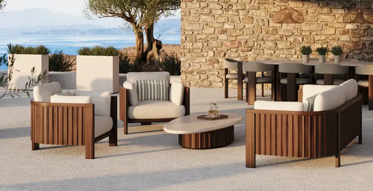 ZANTE Armchair in a luxury residential outdoor lounge, showcasing refined seating and sculptural detailing.