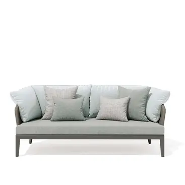 Studio shot of the DREAM Sofa by Atmosphera, an outdoor sofa with rope-woven backrest and plush cushions.