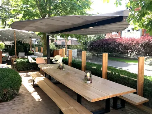 HEATSAIL LEAF outdoor shade system with integrated heating, misting, and lighting