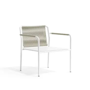Studio product shot of AIR outdoor Armchair with hand-woven rope backrest and aluminium frame