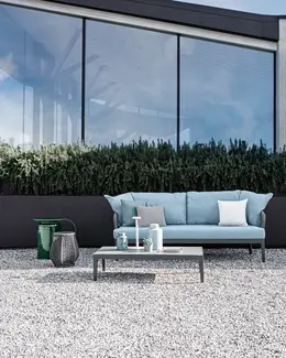 DREAM outdoor sofa with hand‑woven rope backrest, powder‑coated aluminium frame, and plush quick‑dry cushions.