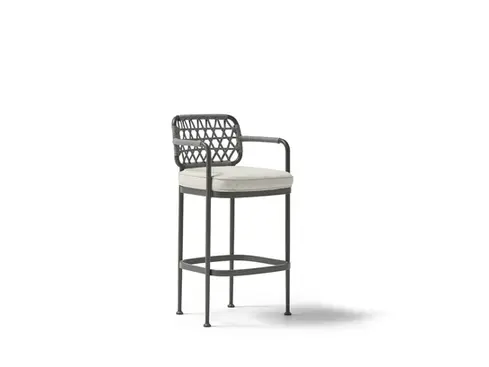 Wide studio shot of the CURIO Bar Stool with braided rope backrest and cushioned seat.