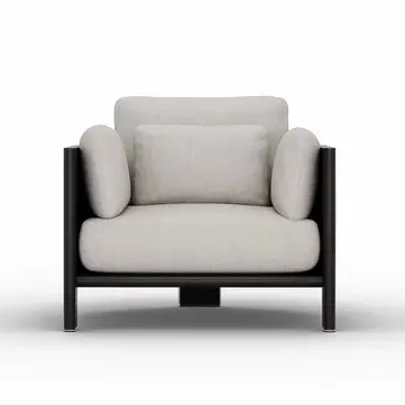 Studio shot of the ZANTE Armchair featuring ribbed detailing and a sculptural frame.