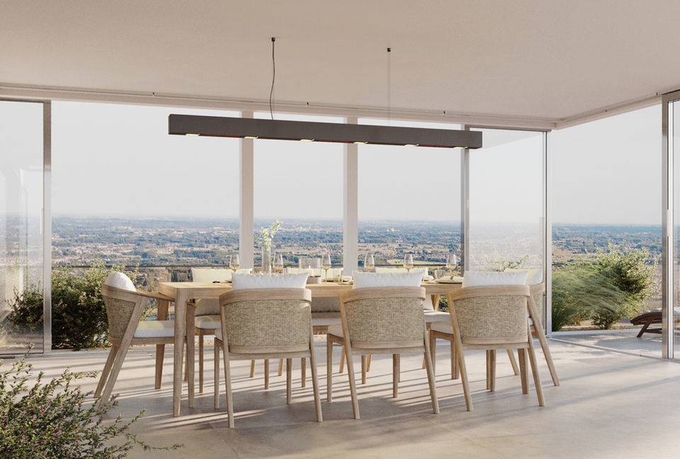 HEATSAIL BEEM light and heater in matte black finish, perfect for long dining tables
