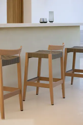 KUBIK outdoor bar stool in TechTeak with flat polyester strap seat for weather-resistant seating